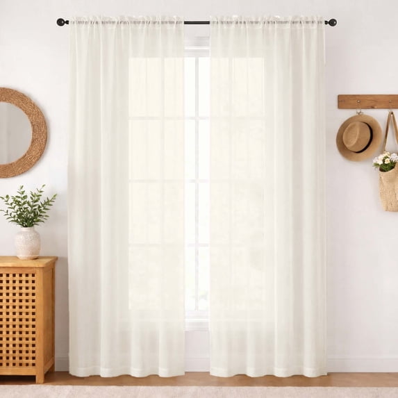 MKHILL 42x84 Ivory Crushed Sheer Curtains 2 Panels Set, 84 Inch Long Light Filtering Voile Drapes for Living Room Bedroom, Rod Pocket Semi Sheer Window Panels, Each 42"Wx84"L