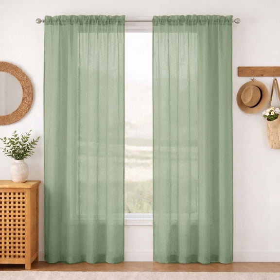 MKHILL 42x84 Sage Green Crushed Sheer Curtains 2 Panels Set, 84 Inch Long Light Filtering Voile Drapes for Living Room Bedroom, Rod Pocket Semi Sheer Window Panels, Each 42"Wx84"L