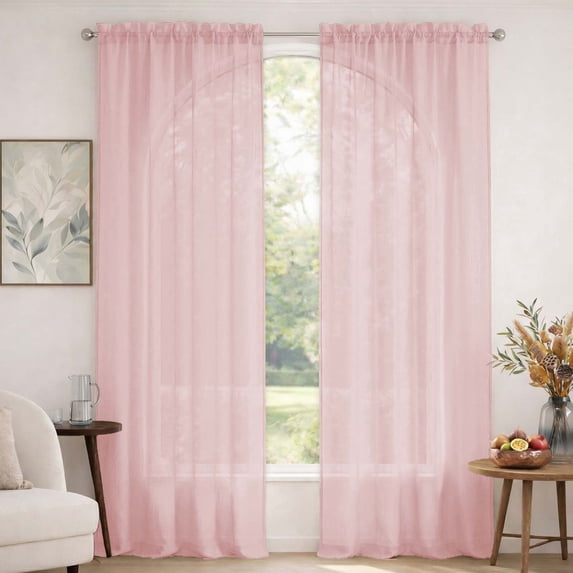 MKHILL 42x90 Blush Pink Crushed Sheer Curtains 2 Panels Set, 90 Inch Long Light Filtering Voile Drapes for Living Room Bedroom High Windows, Rod Pocket Window Panels, Each 42" W x 90" L
