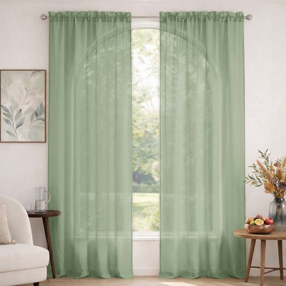 MKHILL 42x90 Sage Green Crushed Sheer Curtains 2 Panels Set, 90 Inch Long Light Filtering Voile Drapes for Living Room Bedroom High Windows, Rod Pocket Window Panels, Each 42" W x 90" L