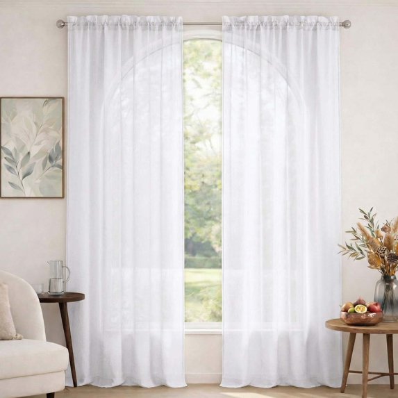 MKHILL 42x90 White Crushed Sheer Curtains 2 Panels Set, 90 Inch Long Light Filtering Voile Drapes for Living Room Bedroom High Windows, Rod Pocket Window Panels, Each 42" W x 90" L