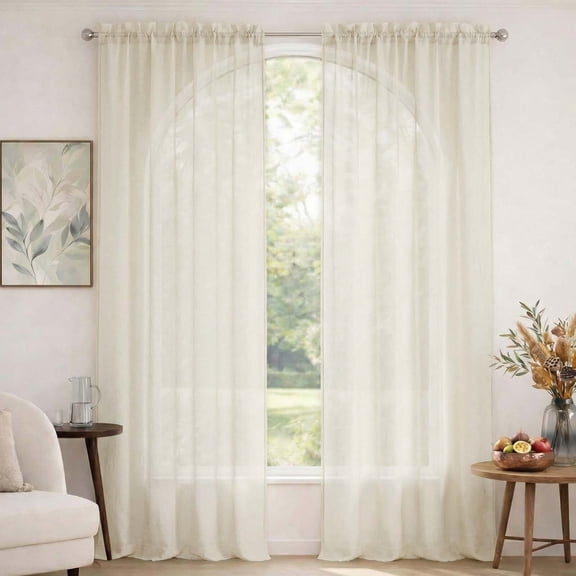 MKHILL Ivory Crushed Sheer Curtains 96 Inch Long 2 Panels, Light Filtering Privacy for Living Room/Bedroom, Semi Transparent Voile Rod Pocket Window Treatment, Each 42" W x 96" L