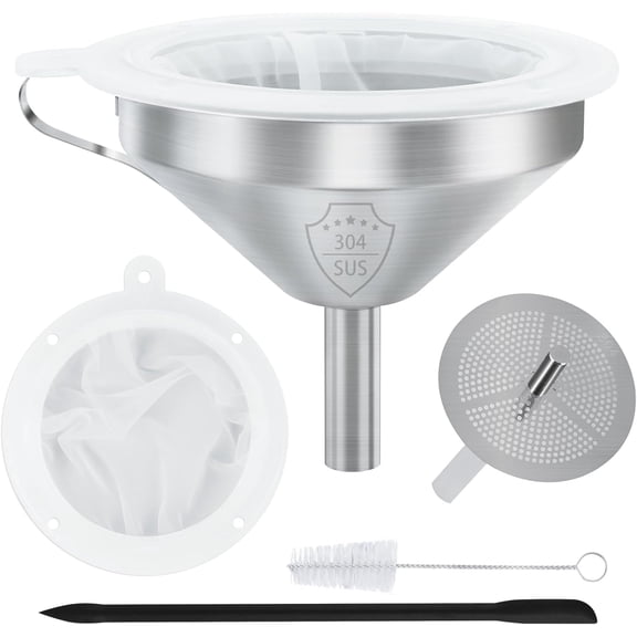 WMKGG 304 Stainless Steel Funnel, 5 Inch Funnels for Kitchen Use Filling Bottles, with 200 Mesh and 100 Fine Strainer, Oils, Juice, Wine, Coffee, Milk, Tea, Powder