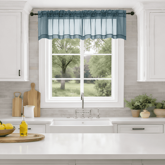 MKHILL 42x14 Dusty Blue Sheer Valance, 14 Inch Short Cafe Curtain for Small Kitchen Window, Rod Pocket Topper, 2 Panels, Each 42"Wx14"L, Dusty Blue