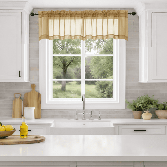 MKHILL 42x14 Gold Sheer Valance, 14 Inch Short Cafe Curtain for Small Kitchen Window, Rod Pocket Topper, 2 Panels, Each 42"Wx14"L, Gold