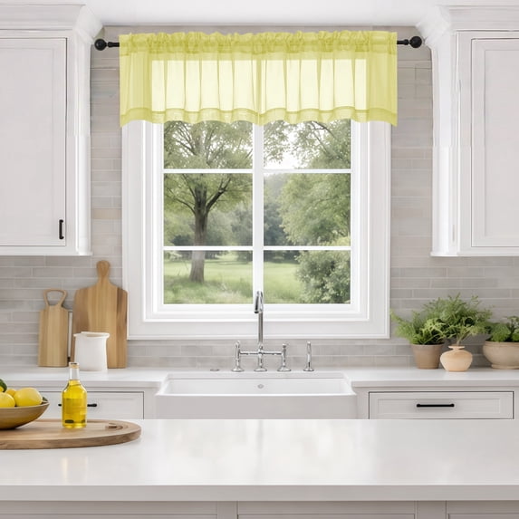 MKHILL 42x14 Lemon Yellow Sheer Valance, 14 Inch Short Cafe Curtain for Small Kitchen Window, Rod Pocket Topper, 2 Panels, Each 42"Wx14"L, Lemon Yellow