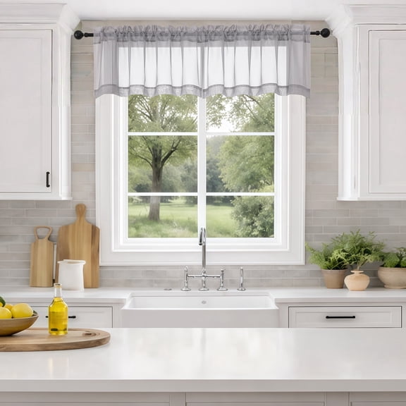 MKHILL 42x14 Light Grey Sheer Valance, 14 Inch Short Cafe Curtain for Small Kitchen Window, Rod Pocket Topper, 2 Panels, Each 42"Wx14"L, Light Grey