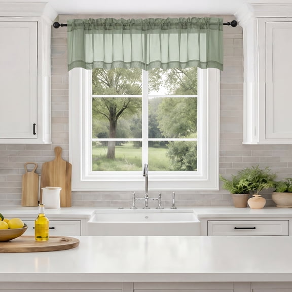 MKHILL 42x14 Sage Green Sheer Valance, 14 Inch Short Cafe Curtain for Small Kitchen Window, Rod Pocket Topper, 2 Panels, Each 42"Wx14"L, Sage Green