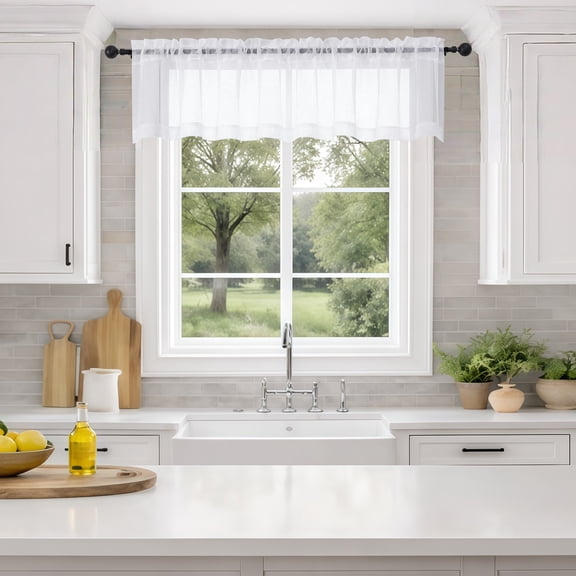 MKHILL 42x14 White Sheer Valance Curtain, 14 Inch Short Cafe Curtain for Small Kitchen Window, Rod Pocket Topper, 2 Panels, Each 42"Wx14"L, White