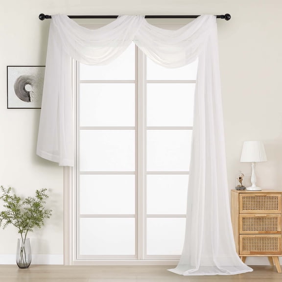 MKHILL 42x216 Ivory Sheer Scarf Valance, Extra Long 18 Ft Voile Curtain for Wedding Backdrop & Living Room Bedroom Decor, 1 Panel, Ivory