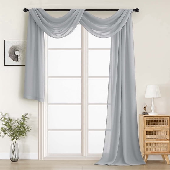 MKHILL 42x216 Light Grey Sheer Scarf Valance, Extra Long 18 Ft Voile Curtain for Wedding Backdrop & Living Room Bedroom Decor, 1 Panel, Light Grey