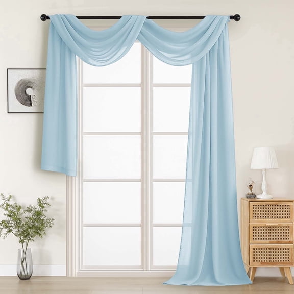 MKHILL 42x216 Sky Blue Sheer Scarf Valance, Extra Long 18 Ft Voile Curtain for Wedding Backdrop & Living Room Bedroom Decor, 1 Panel, Sky Blue