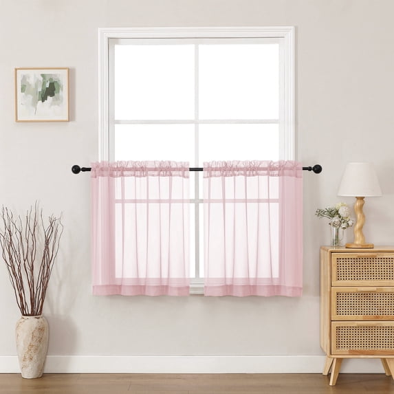 MKHILL 24 Inch Short Sheer Curtains 2 Panels, Light Filtering Voile Drapes for RV Camper Laundry Over Sink, Rod Pocket Small Window Panels, Each 42" W x 24" L, Blush