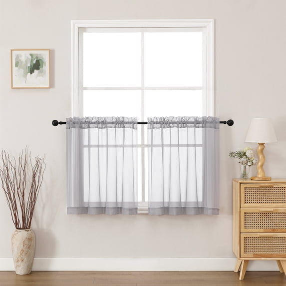 MKHILL 24 Inch Short Sheer Curtains 2 Panels, Light Filtering Voile Drapes for RV Camper Laundry Over Sink, Rod Pocket Small Window Panels, Each 42" W x 24" L, Charcoal