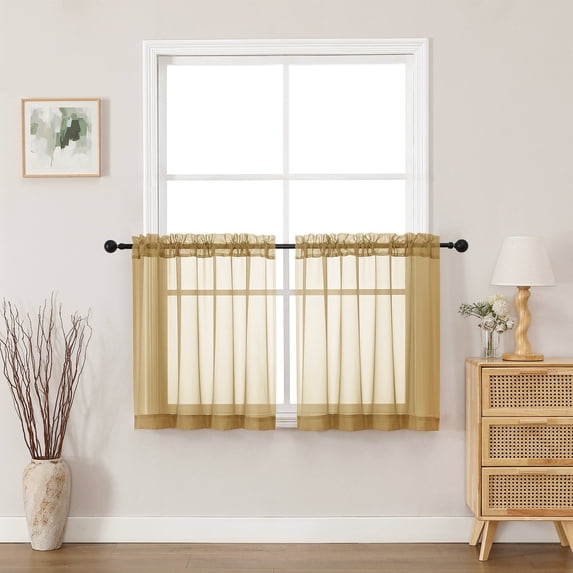 MKHILL 24 Inch Short Sheer Curtains 2 Panels, Light Filtering Voile Drapes for RV Camper Laundry Over Sink, Rod Pocket Small Window Panels, Each 42" W x 24" L, Gold