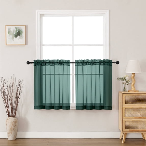MKHILL 24 Inch Short Sheer Curtains 2 Panels, Light Filtering Voile Drapes for RV Camper Laundry Over Sink, Rod Pocket Small Window Panels, Each 42" W x 24" L, Hunter Green