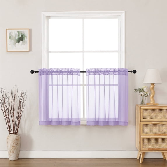 MKHILL 24 Inch Short Sheer Curtains 2 Panels, Light Filtering Voile Drapes for RV Camper Laundry Over Sink, Rod Pocket Small Window Panels, Each 42" W x 24" L, Lavender