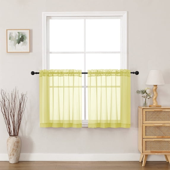 MKHILL 24 Inch Short Sheer Curtains 2 Panels, Light Filtering Voile Drapes for RV Camper Laundry Over Sink, Rod Pocket Small Window Panels, Each 42" W x 24" L, Lemon Yellow