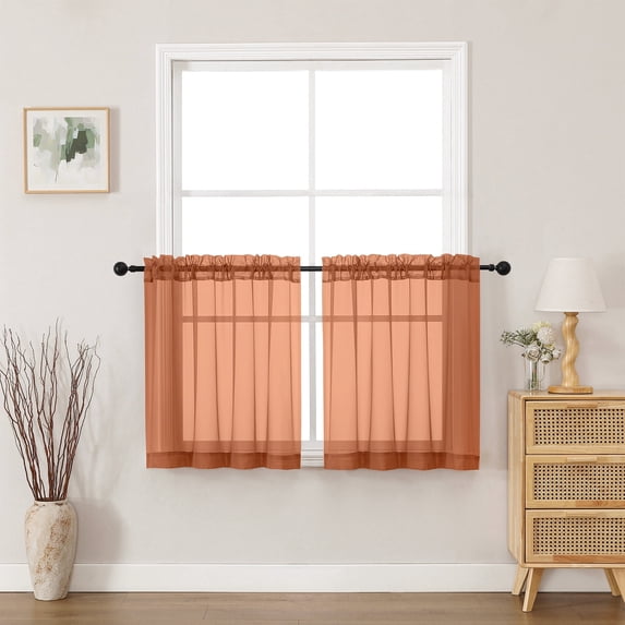 MKHILL 24 Inch Short Sheer Curtains 2 Panels, Light Filtering Voile Drapes for RV Camper Laundry Over Sink, Rod Pocket Small Window Panels, Each 42" W x 24" L, Orange