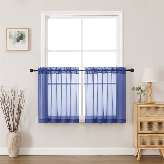 MKHILL 24 Inch Short Sheer Curtains 2 Panels, Light Filtering Voile Drapes for RV Camper Laundry Over Sink, Rod Pocket Small Window Panels, Each 42" W x 24" L, Royal Blue