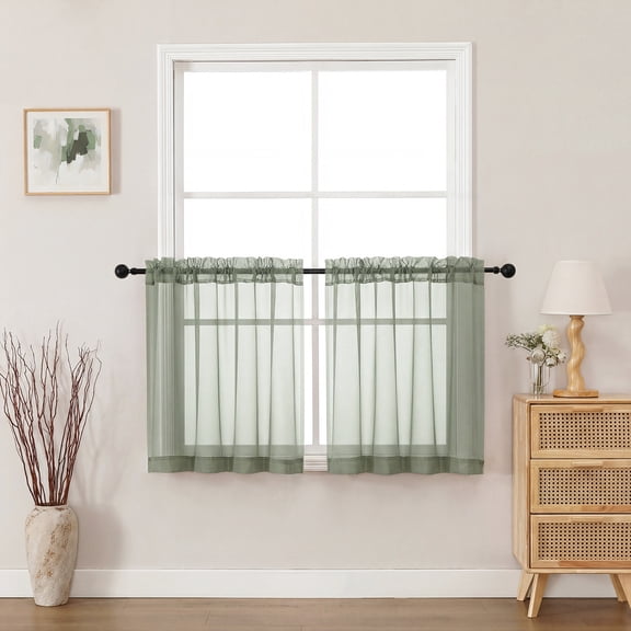 MKHILL 24 Inch Short Sheer Curtains 2 Panels, Light Filtering Voile Drapes for RV Camper Laundry Over Sink, Rod Pocket Small Window Panels, Each 42" W x 24" L, Sage Green