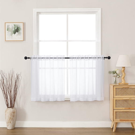 MKHILL 24 Inch Long White Sheer Curtains 2 Panels, Light Filtering Voile Drapes for RV Camper Laundry Over Sink, Rod Pocket Short Small Window Panels, Each 42" W x 24" L, White