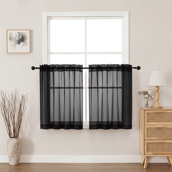 MKHILL Black 30 Inch Long Short Sheer Curtains for Kitchen Over Sink, 42x30 Short Voile Drapes for Laundry RV Small Window, Rod Pocket, Each 42" W x 30" L