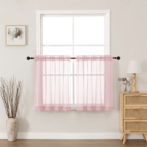 MKHILL Blush 30 Inch Long Short Sheer Curtains for Kitchen Over Sink, 42x30 Short Voile Drapes for Laundry RV Small Window, Rod Pocket, Each 42" W x 30" L