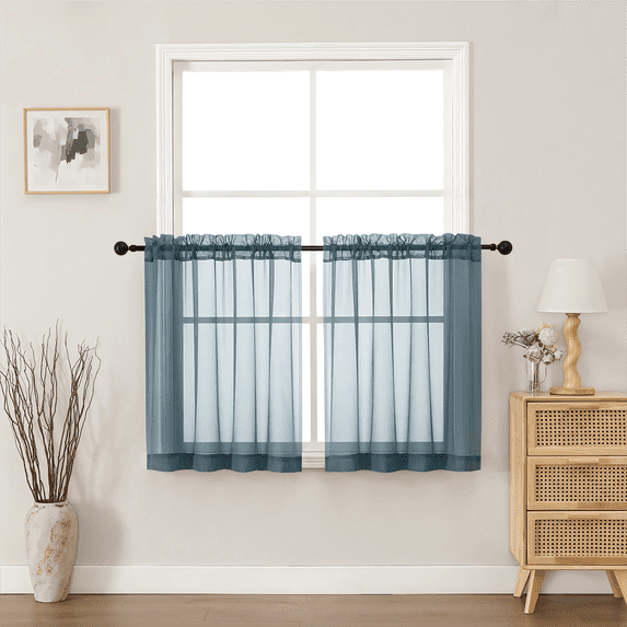 MKHILL Dusty Blue 30 Inch Long Short Sheer Curtains for Kitchen Over Sink, 42x30 Short Voile Drapes for Laundry RV Small Window, Rod Pocket, Each 42" W x 30" L
