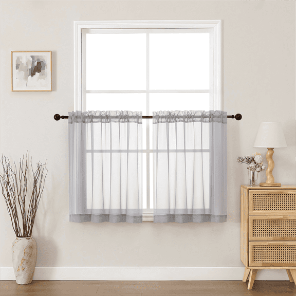 MKHILL Light Grey 30 Inch Long Short Sheer Curtains for Kitchen Over Sink, 42x30 Short Voile Drapes for Laundry RV Small Window, Rod Pocket, Each 42" W x 30" L
