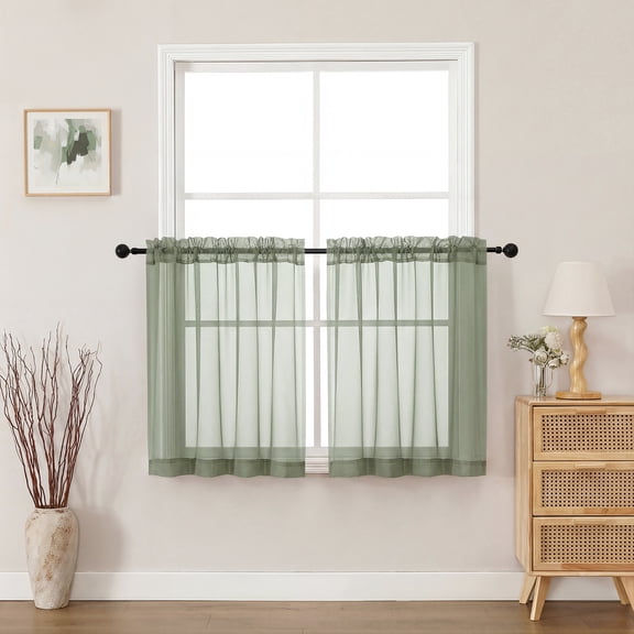 MKHILL Sage Green 30 Inch Long Short Sheer Curtains for Kitchen Over Sink, 42x30 Short Voile Drapes for Laundry RV Small Window, Rod Pocket, Each 42" W x 30" L