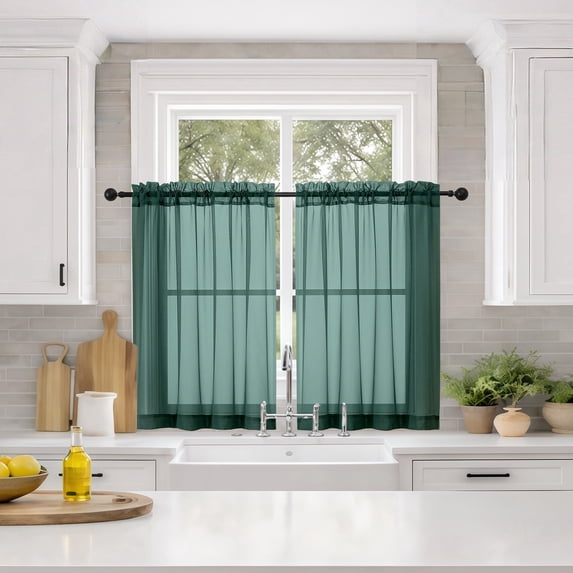 MKHILL 36 Inch Short Sheer Curtains 2 Panels Set, 42x36 Light Filtering Voile Drapes for Laundry RV Bedroom Small Window, Rod Pocket Panels, Each 42" W x 36" L, Hunter Green