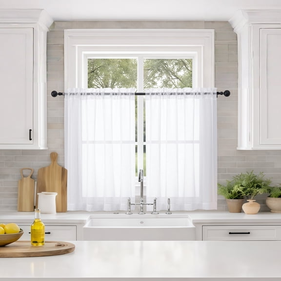 MKHILL 36 Inch Long White Sheer Curtains 2 Panels Set, 42x36 Short Voile Drapes for Laundry RV Bedroom Small Window, Rod Pocket Panels, Each 42" W x 36" L, White