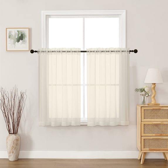 MKHILL Cream Sheer Curtains 45 Inch Long for Small Windows 2 Pack, Rod Pocket Short Light Filtering Voile Drapes for Bathroom Kitchen Laundry, Each 42" W x 45" L