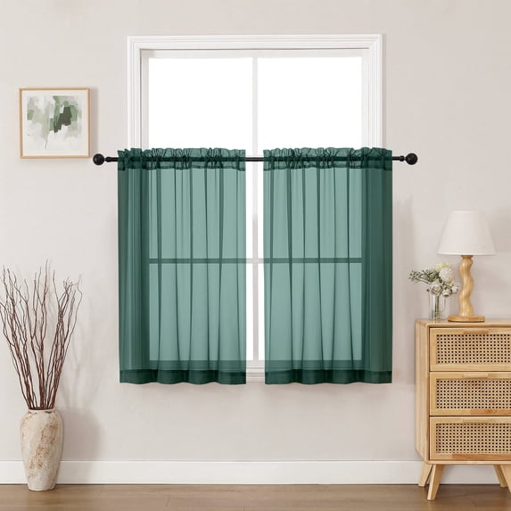 MKHILL Hunter Green Sheer Curtains 45 Inch Long for Small Windows 2 Pack, Rod Pocket Short Light Filtering Voile Drapes for Bathroom Kitchen Laundry, Each 42" W x 45" L