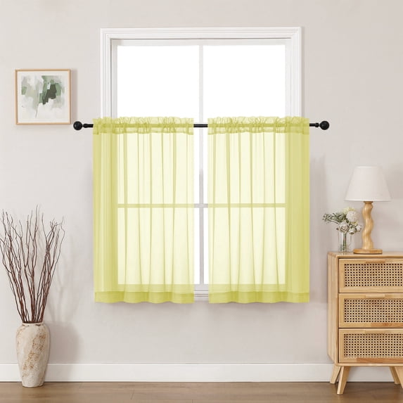 MKHILL Lemon Yellow Sheer Curtains 45 Inch Long for Small Windows 2 Pack, Rod Pocket Short Light Filtering Voile Drapes for Bathroom Kitchen Laundry, Each 42" W x 45" L