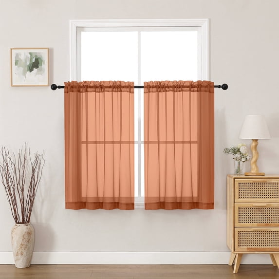 MKHILL Orange Sheer Curtains 45 Inch Long for Small Windows 2 Pack, Rod Pocket Short Light Filtering Voile Drapes for Bathroom Kitchen Laundry, Each 42" W x 45" L
