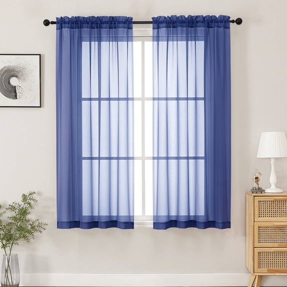 MKHILL Royal Blue Sheer Curtains 45 Inch Long for Small Windows 2 Pack, Rod Pocket Short Light Filtering Voile Drapes for Bathroom Kitchen Laundry, Each 42" W x 45" L