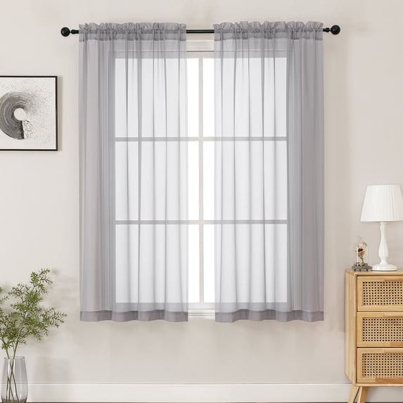 MKHILL 42x54" Sheer Curtains Charcoal 2 Panels Set, 54 Inch Short Voile Drapes for Kitchen Bathroom Small Window, Rod Pocket Window Panels, Each 42" W x 54" L