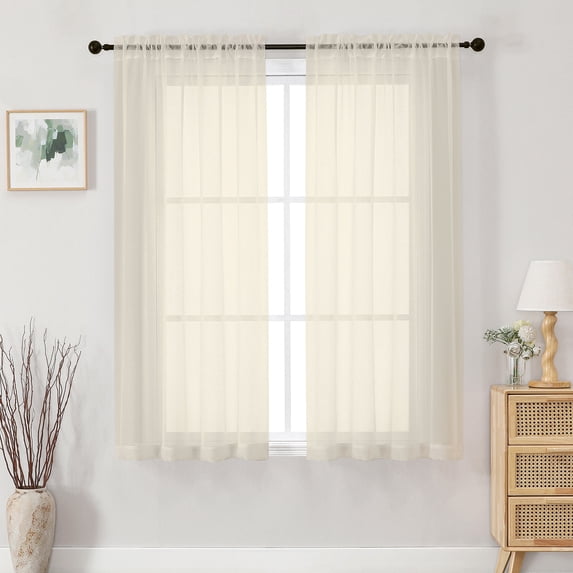 MKHILL 42x54" Sheer Curtains Cream 2 Panels Set, 54 Inch Short Voile Drapes for Kitchen Bathroom Small Window, Rod Pocket Window Panels, Each 42" W x 54" L