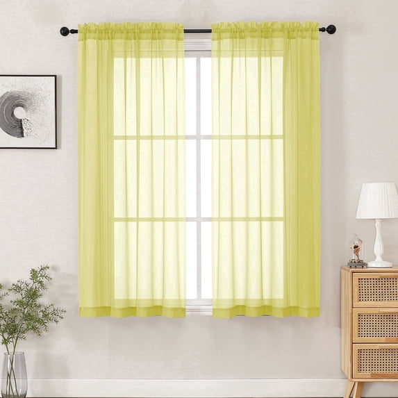 MKHILL 42x54" Sheer Curtains Lemon Yellow 2 Panels Set, 54 Inch Short Voile Drapes for Kitchen Bathroom Small Window, Rod Pocket Window Panels, Each 42" W x 54" L