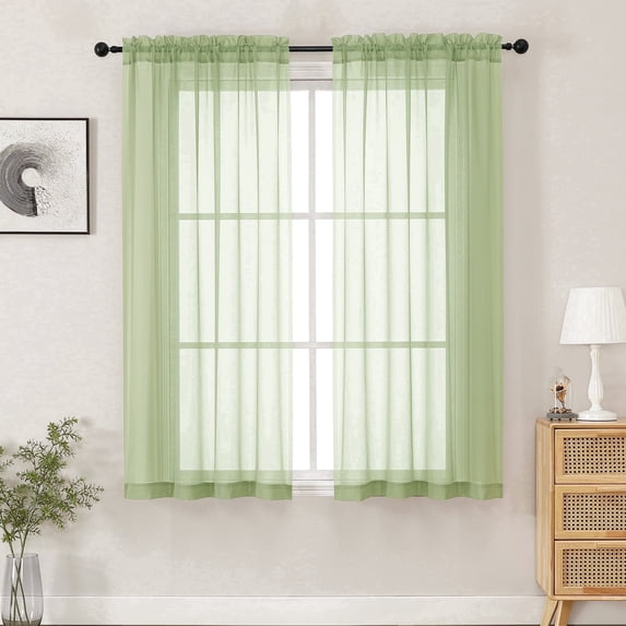 MKHILL 42x54" Sheer Curtains Light Green 2 Panels Set, 54 Inch Short Voile Drapes for Kitchen Bathroom Small Window, Rod Pocket Window Panels, Each 42" W x 54" L
