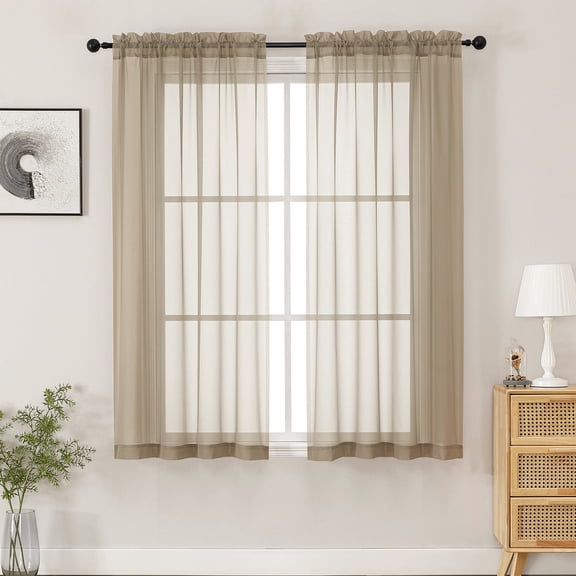 MKHILL 42x54" Sheer Curtains Taupe 2 Panels Set, 54 Inch Short Voile Drapes for Kitchen Bathroom Small Window, Rod Pocket Window Panels, Each 42" W x 54" L
