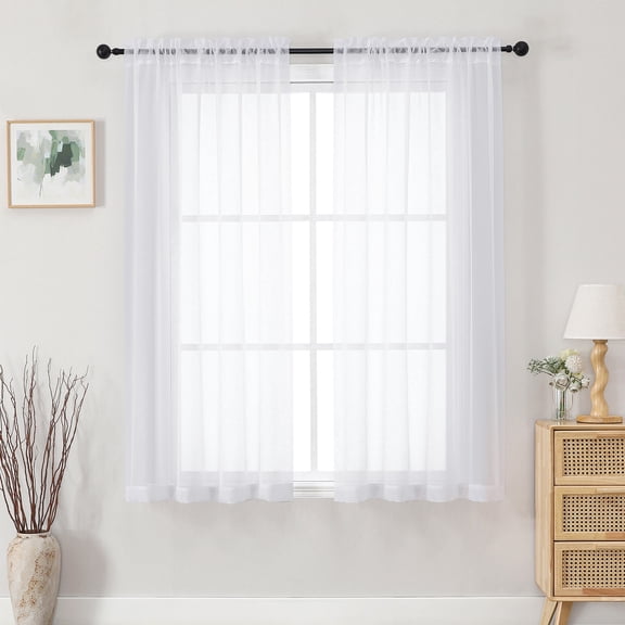MKHILL 42x54" Sheer Curtains White 2 Panels Set, 54 Inch Short Voile Drapes for Kitchen Bathroom Small Window, Rod Pocket Window Panels, Each 42" W x 54" L