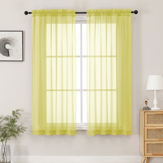 MKHILL Lemon Yellow Sheer Curtains 63 inch Length 2 Panels Set, Light Filtering Voile Drapes for Living Room Bedroom, Rod Pocket Semi Sheer Window Panels, Each 42" W x 63" L