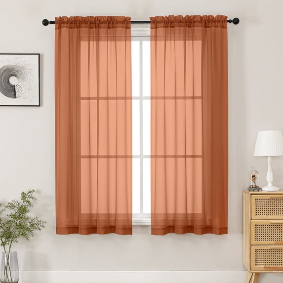 MKHILL Orange Sheer Curtains 63 inch Length 2 Panels Set, Light Filtering Voile Drapes for Living Room Bedroom, Rod Pocket Semi Sheer Window Panels, Each 42" W x 63" L
