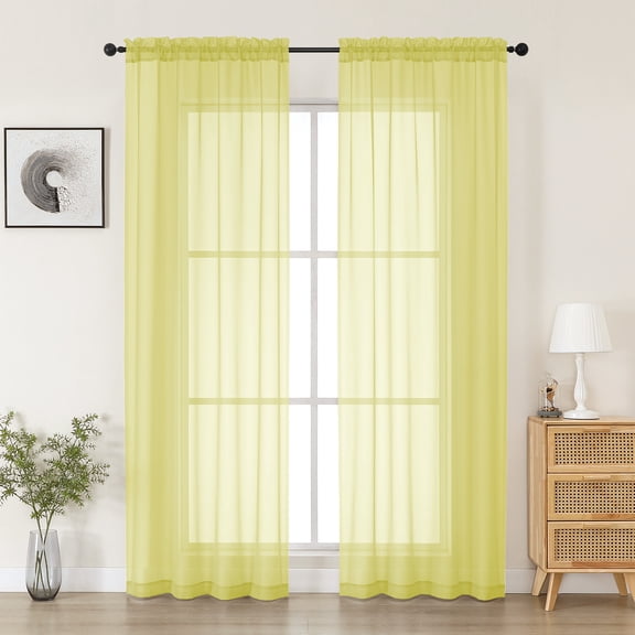 MKHILL 42x84 Lemon Yellow Sheer Curtains 2 Panels Set, 84 Inch Long Light Filtering Voile Drapes for Living Room Bedroom, Rod Pocket Semi Sheer Window Panels, Each 42"Wx84"L