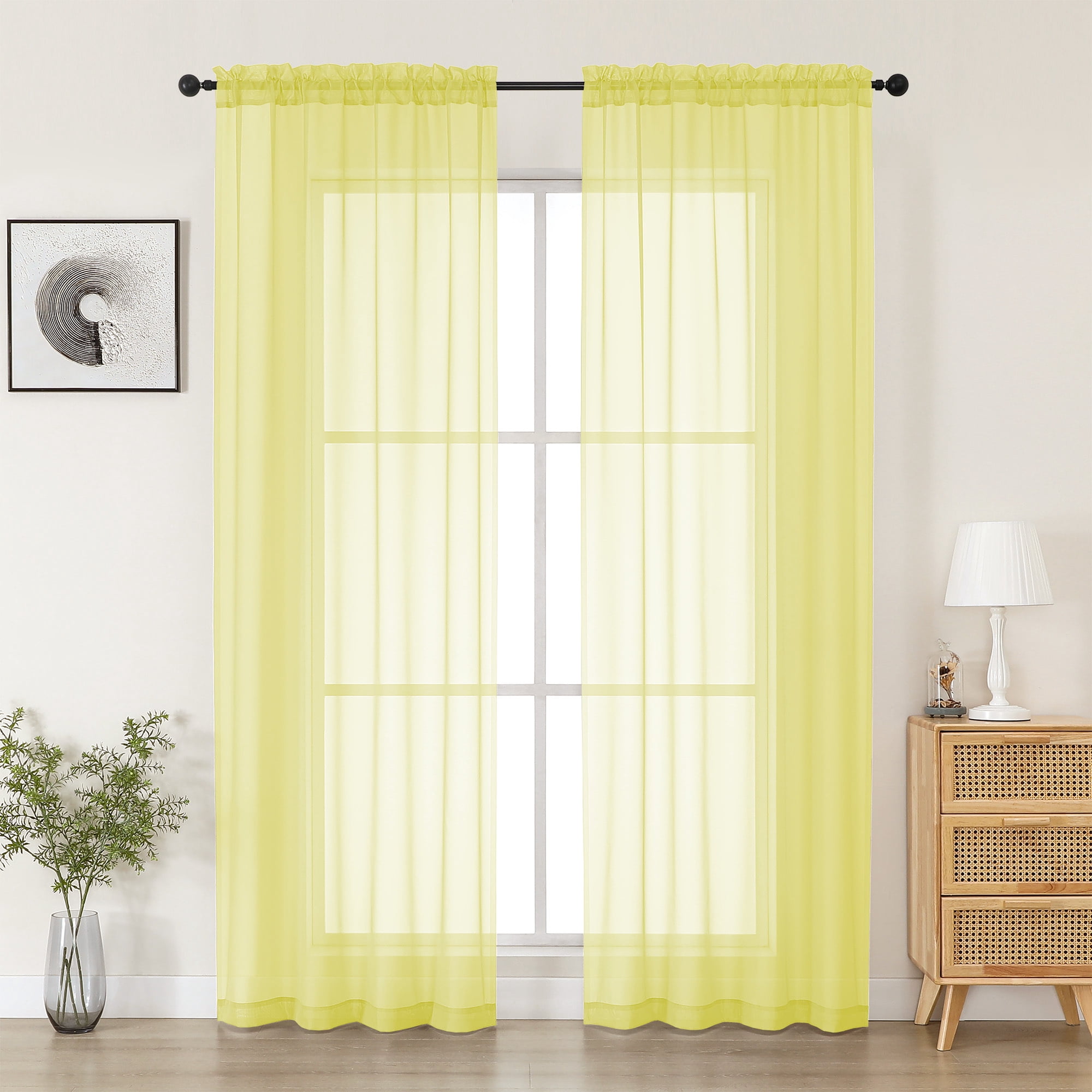 MKHILL 42x84 Light Yellow Sheer Curtains 2 Panels Set, 84 Inch Long Light Filtering Voile Drapes for Living Room Bedroom, Rod Pocket Semi Sheer Window Panels, Each 42"Wx84"L