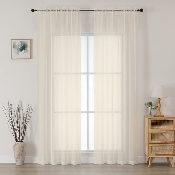 MKHILL 42x90 Cream Sheer Curtains 2 Panels Set, 90 Inch Long Light Filtering Voile Drapes for Living Room Bedroom High Windows, Rod Pocket Window Panels, Each 42" W x 90" L