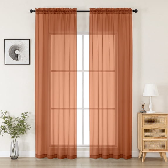 MKHILL 42x90 Orange Sheer Curtains 2 Panels Set, 90 Inch Long Light Filtering Voile Drapes for Living Room Bedroom High Windows, Rod Pocket Window Panels, Each 42" W x 90" L